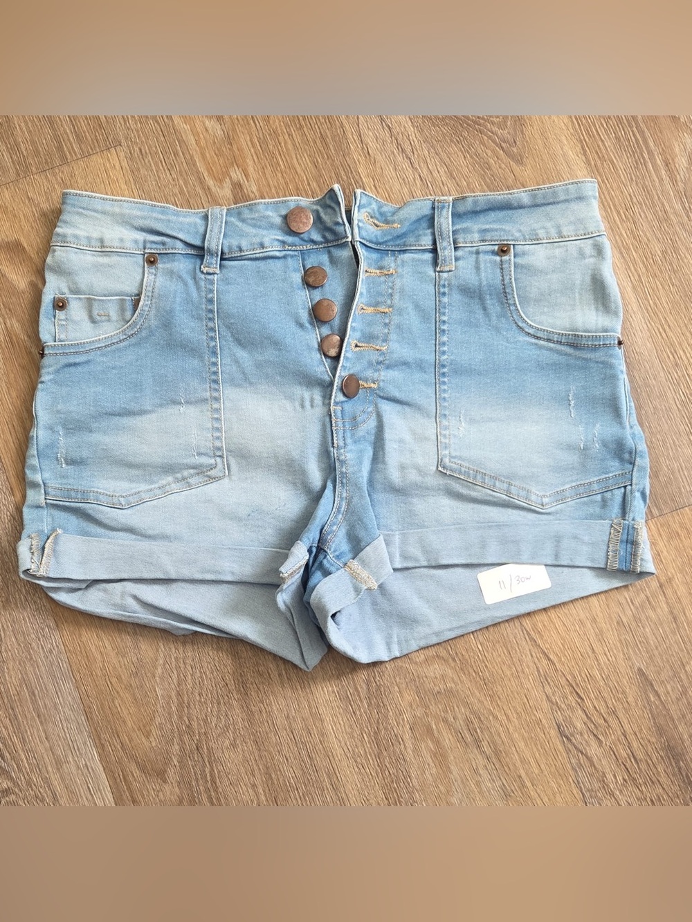 High-Rise Light Blue Denim Button-Fly Shorts